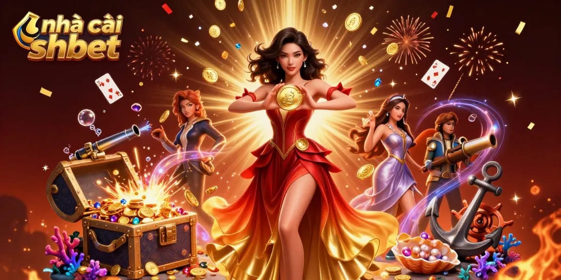 Experience the excitement of nhà cái shbet with a stunning Asian woman holding a golden coin amidst dazzling casino elements.