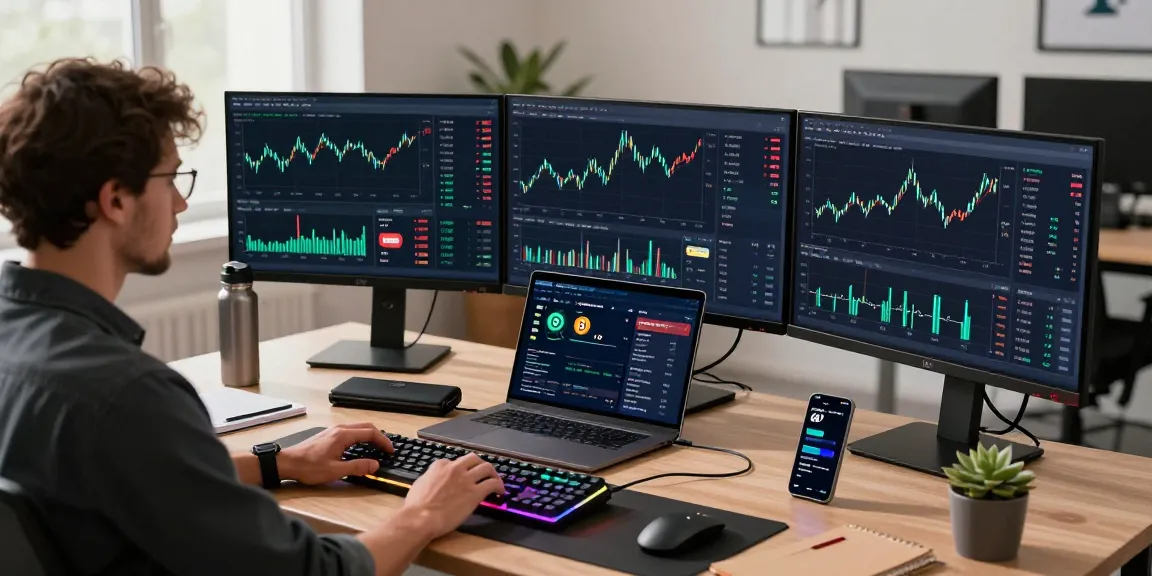 Playexch247 cryptocurrency trading workspace with multiple monitors displaying market analysis, vibrant charts, and wallet security tools in a modern tech office