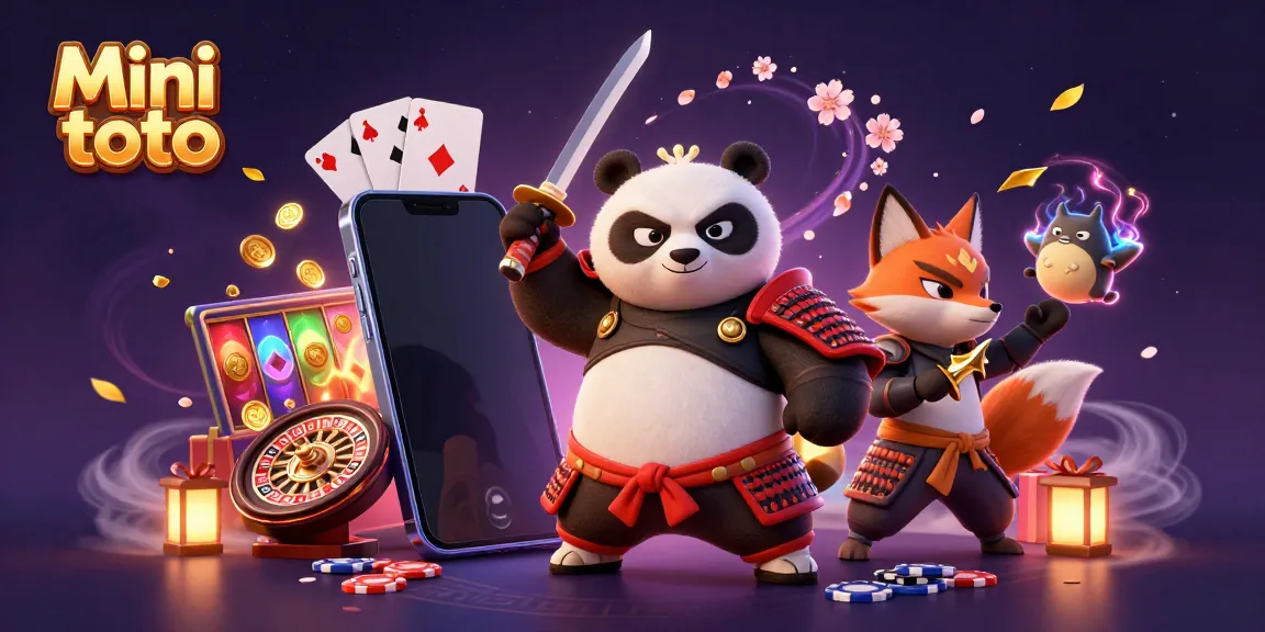 Gambarkan Mini toto yang sedang bermain slot dengan karakter panda samurai dan rubah ninja.