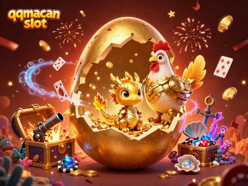 Menangkan jackpot dengan qqmacan slot saat melihat naga emas dan poker chips berkilauan.
