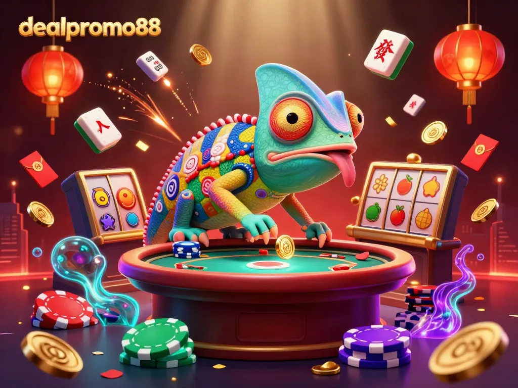 Engage with thrilling jackpots featuring dealpromo88's vibrant casino scene, energized by colorful chameleon characters.