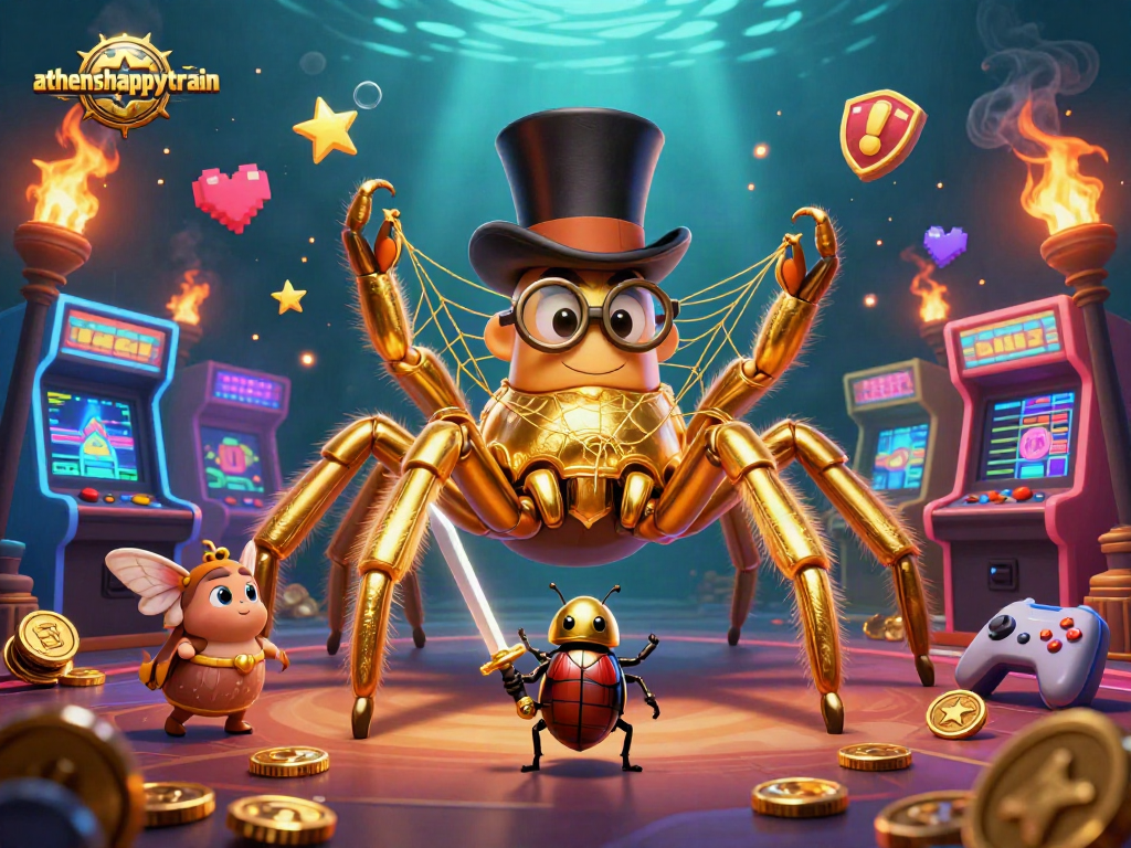 Engage with athenshappytrain's vibrant casino adventure featuring a golden tarantula and exciting gaming elements.