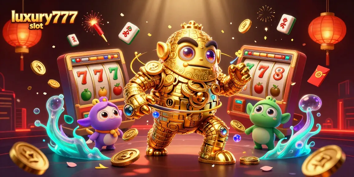 Permainan slot luxury777 slot dengan karakter golem emas terbang dikelilingi simbol keberuntungan.