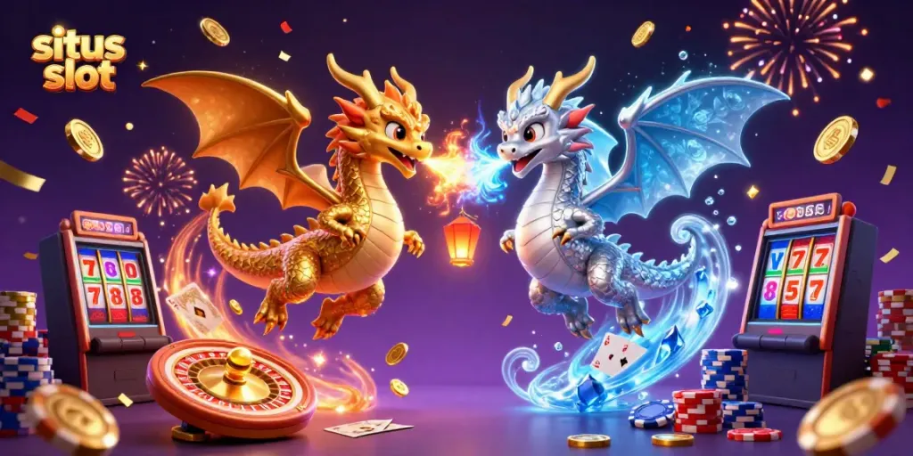 Permainan situs slot yang menarik dengan simbol keberuntungan dan uang besar yang berkilauan.