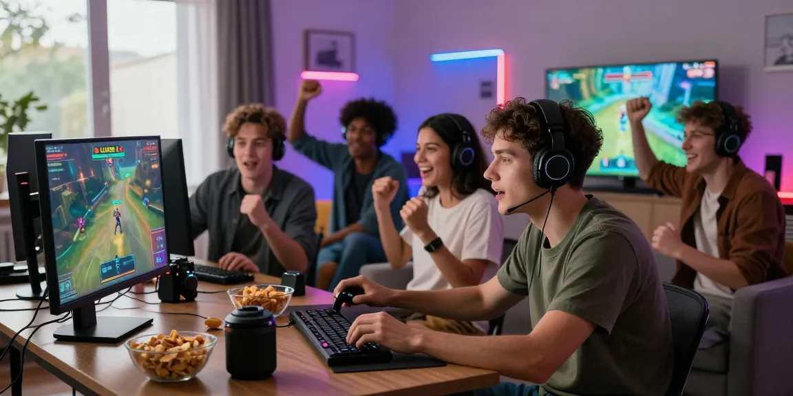 LUCK8 online gaming session with friends excitedly playing multiplayer games in a lively living room.