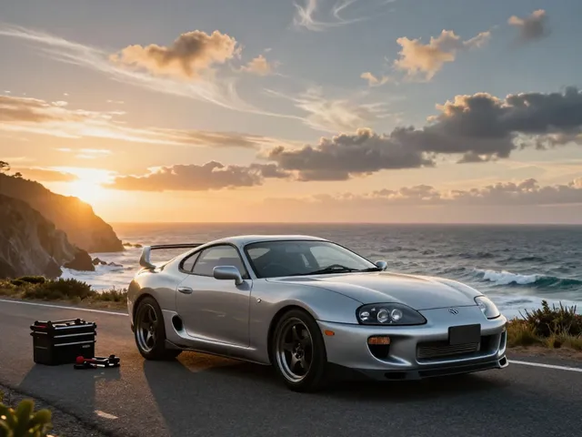 A80 platform showcased with a Toyota Supra A80 on a coastal road during sunset, highlighting automotive restoration.
