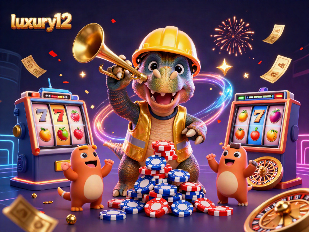 Join the luxury12 casino fun with vibrant slots, a cheerful triceratops, and a celebratory scene.