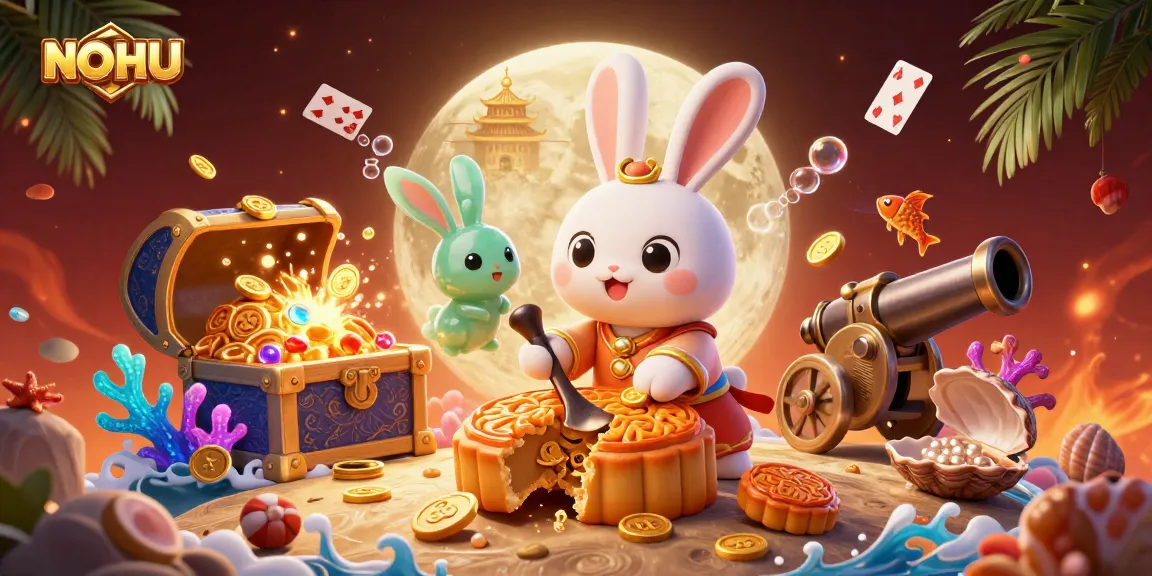Engage with NOHU and dive into a vibrant casino atmosphere, featuring a playful moon rabbit and energetic gaming elements.