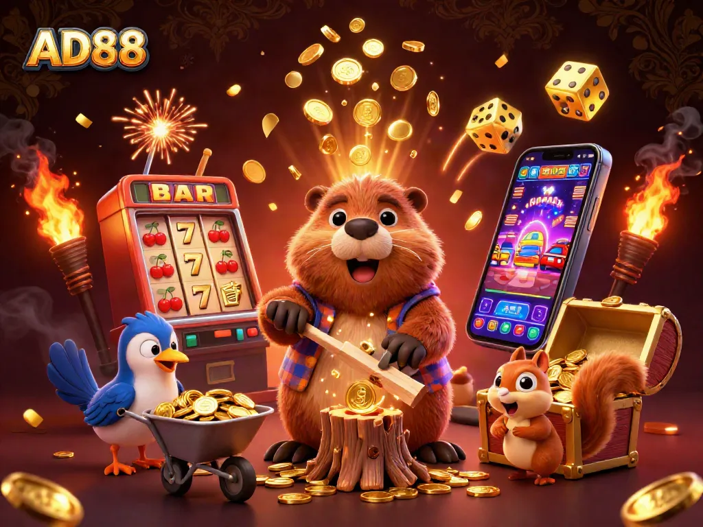 Experience AD88 excitement with a playful scene of cartoon characters amidst vibrant casino elements.