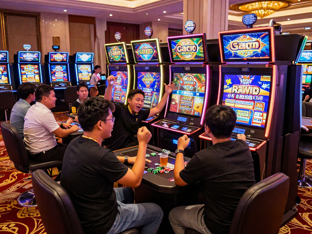 Exciting casino scene featuring players at slot gacor 4d machines, showcasing colorful screens and vibrant atmosphere.