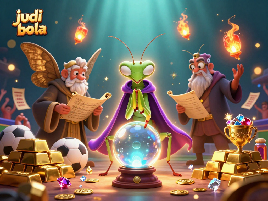 Engage in judi bola with vibrant betting elements, fortune tellers, and rich treasure in a lively scene.