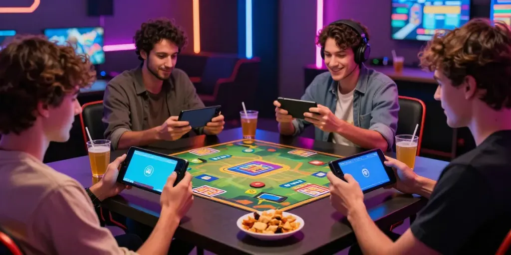 Excited players enjoying Yono Games app in a modern gaming lounge.