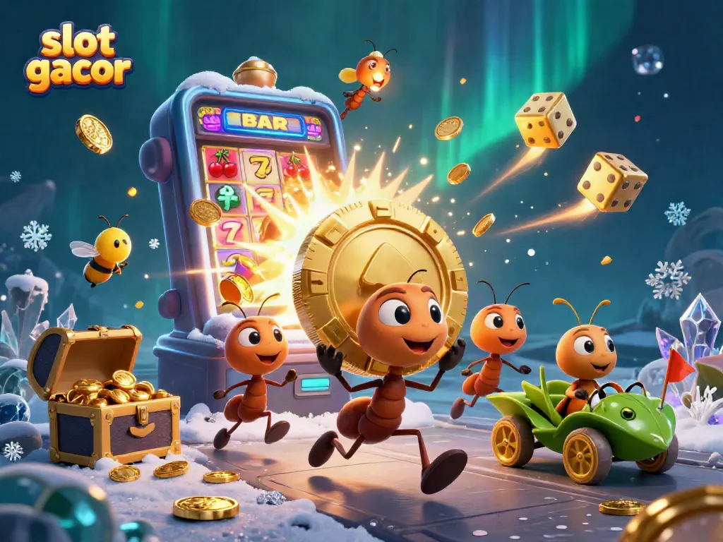 Experience thrilling slot gacor moments with 3D ants and vibrant casino elements.