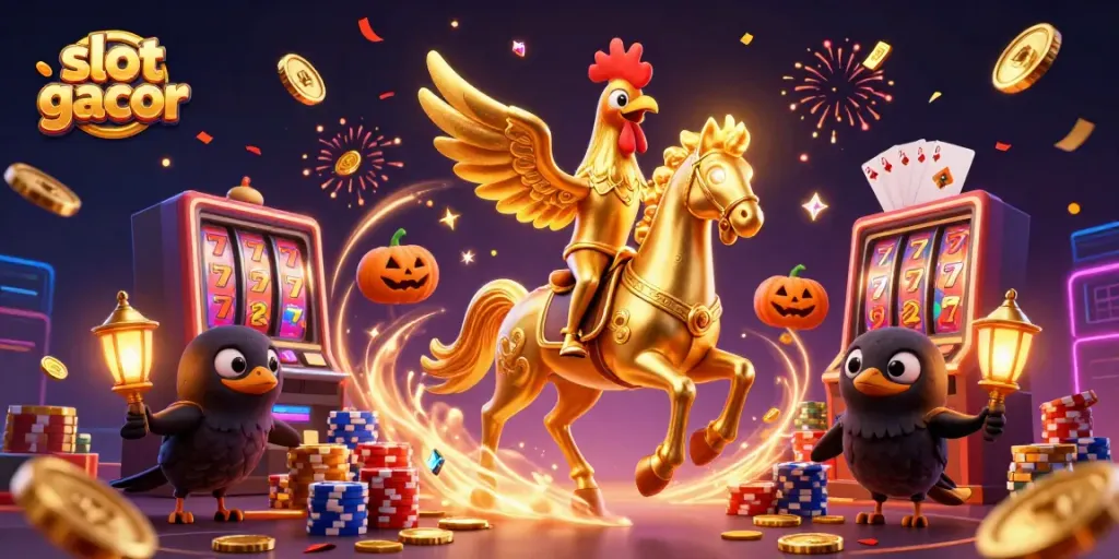 Engage with slot gacor excitement as golden rooster and companions revel in a vibrant casino.