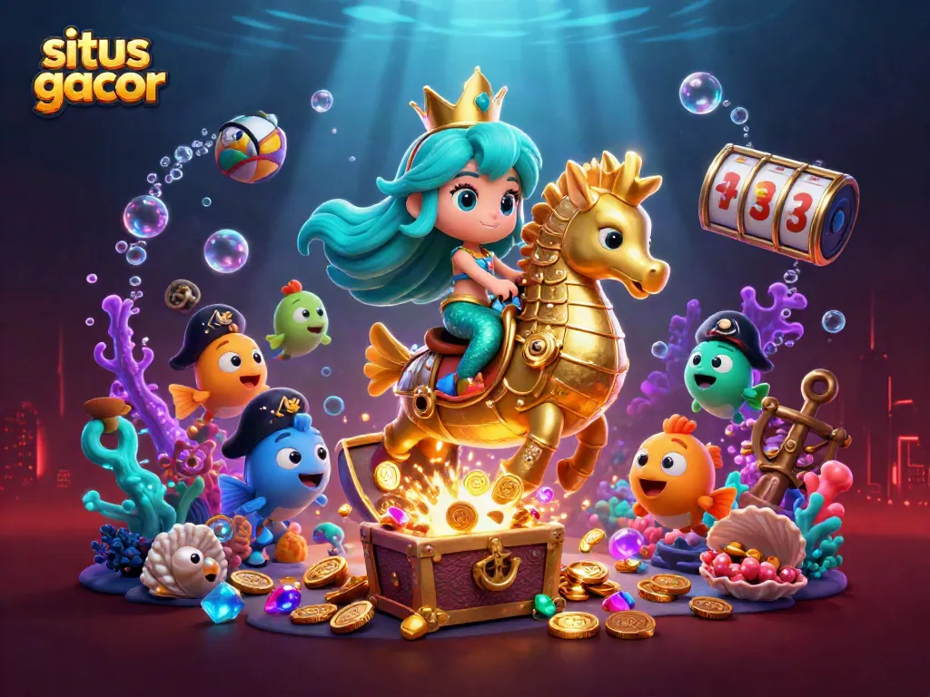 Menangkan hadiah di situs gacor dengan ilustrasi putri duyung dan kuda laut emas yang menawan.