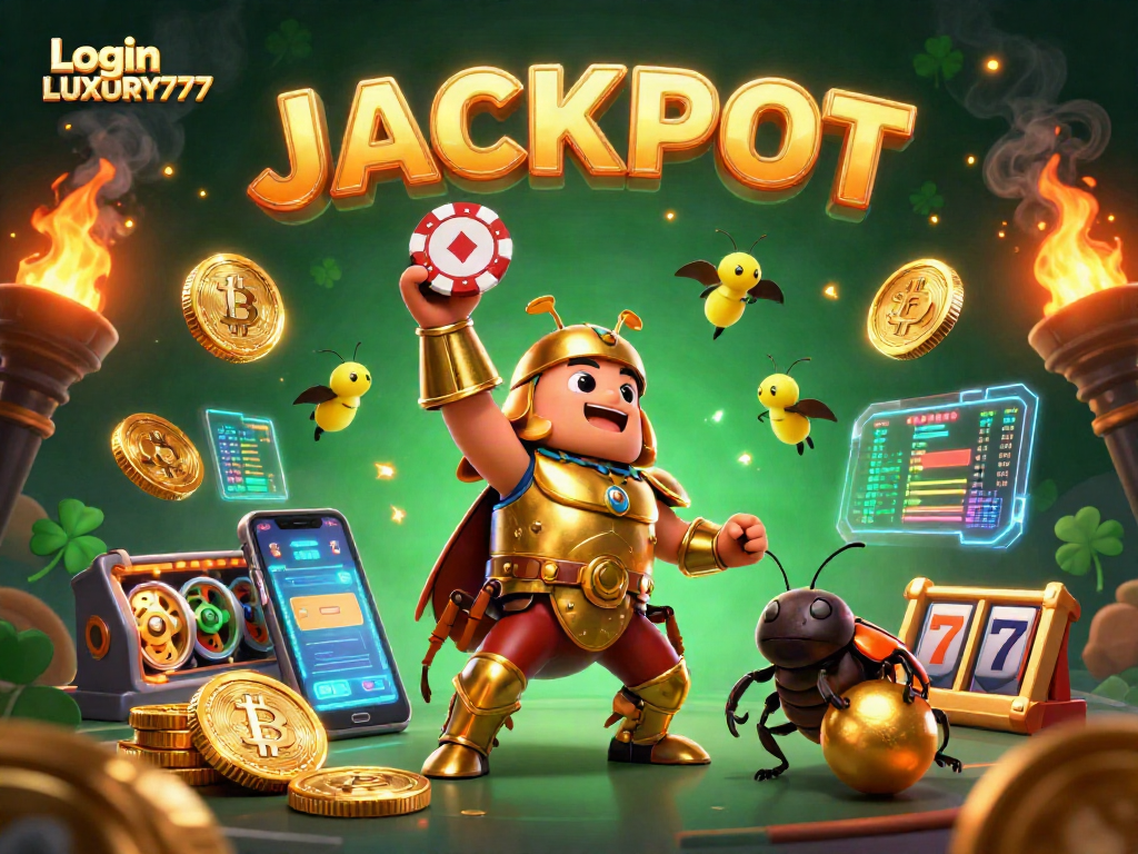 Manfaatkan Login LUXURY777 dengan simbol slot jackpot dalam ilustrasi 3D yang menarik.