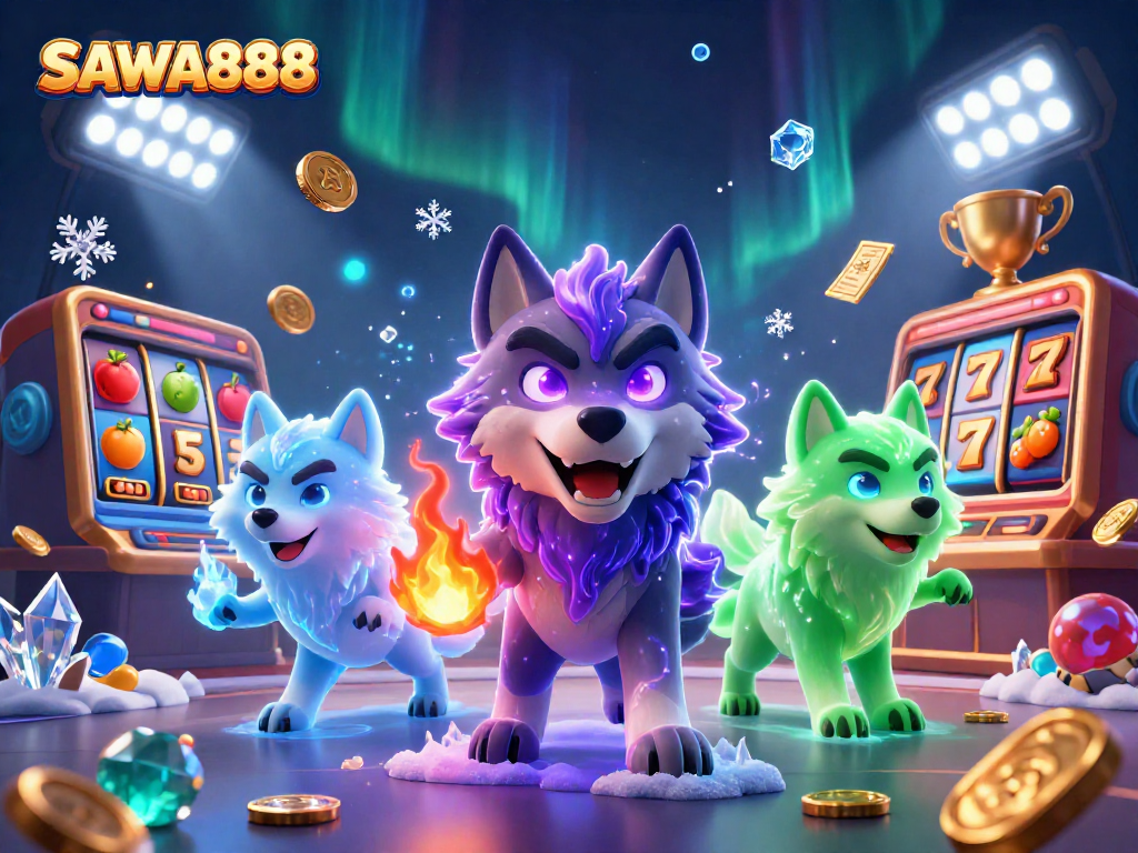 SAWA888 leads the pack in this dynamic illustration showcasing exciting slot reels and ghostly wolves.