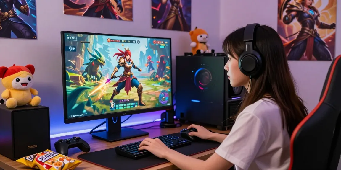 Female protagonist immersed in a female hentai game, surrounded by vibrant gaming decor and ambient lighting.