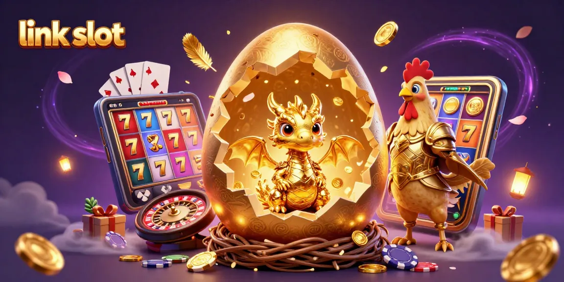 Menang dalam permainan link slot dengan ilustrasi naga emas dan chip poker, penuh warna dan detail.
