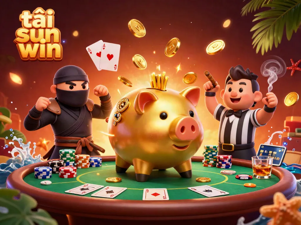 Engage with the animated scene featuring the golden piggy bank sumo wrestler and dynamic characters celebrating tải sun win.