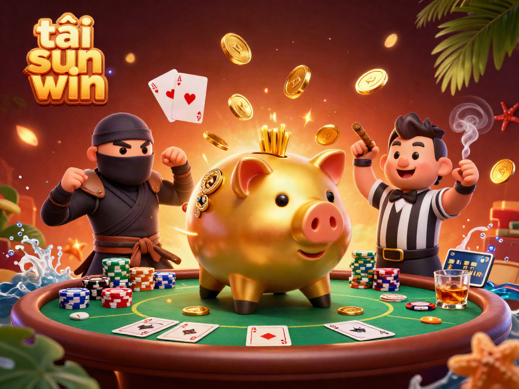 Engage with the animated scene featuring the golden piggy bank sumo wrestler and dynamic characters celebrating tải sun win.