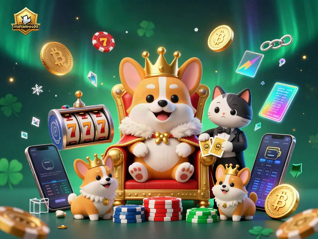 Experience the excitement of mahadewa88 with a royal corgi on a poker chip throne amidst dynamic slot and crypto elements.