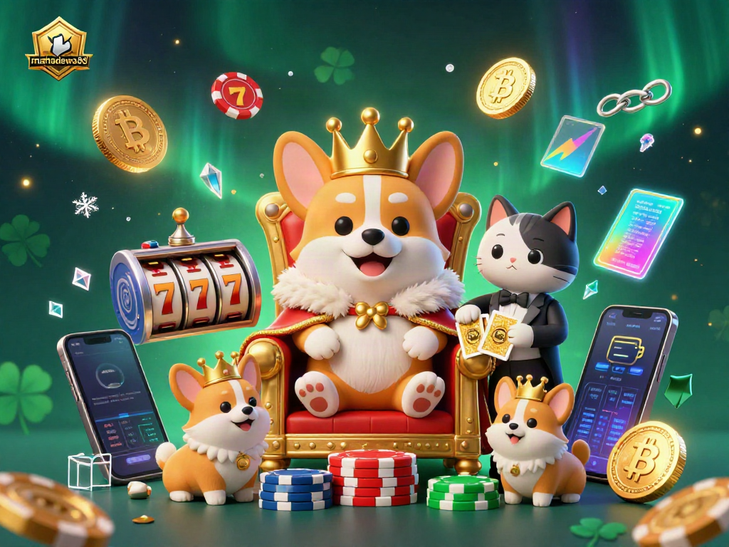 Experience the excitement of mahadewa88 with a royal corgi on a poker chip throne amidst dynamic slot and crypto elements.