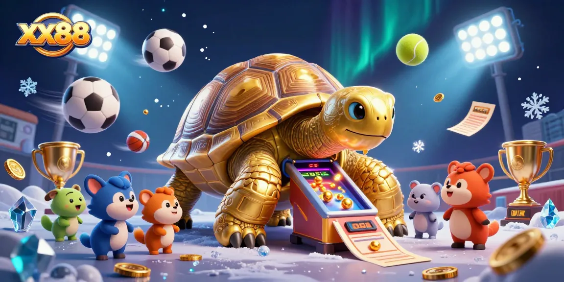 Experience xx88's dynamic gaming world with a golden tortoise pinball machine surrounded by sports elements.