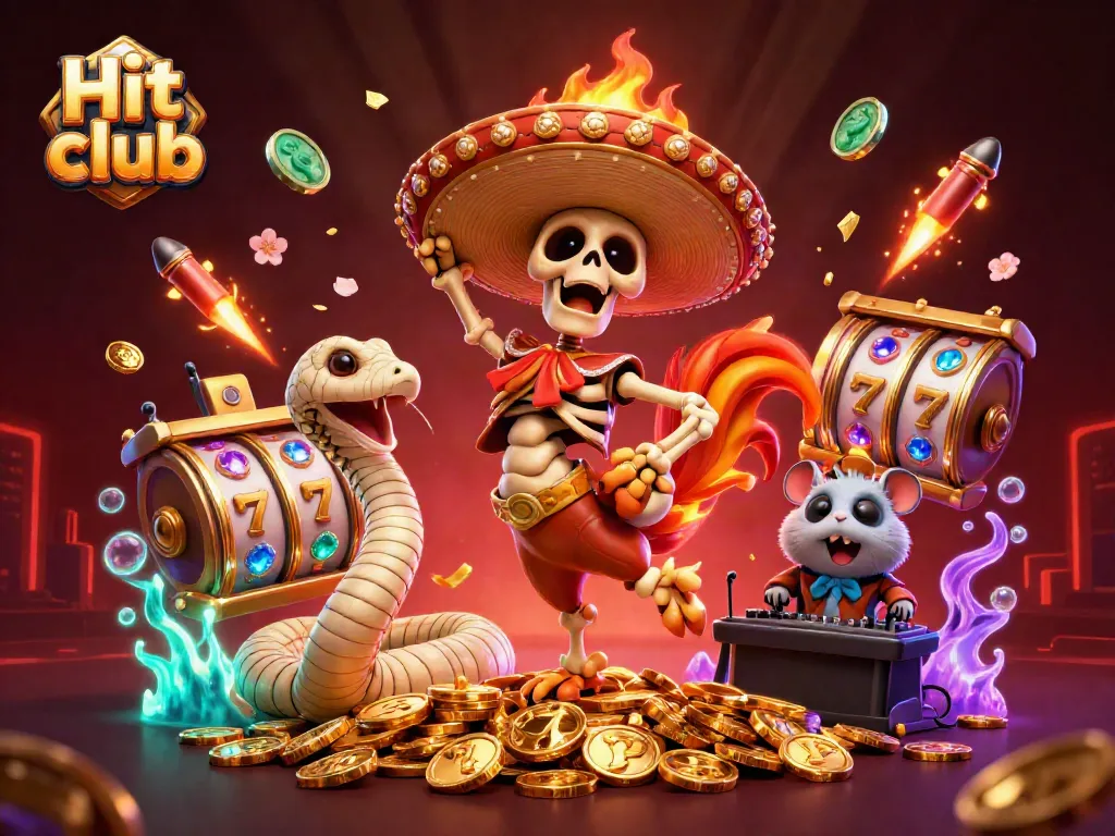 Hit club features a festive skeleton mariachi and friends celebrating on coins in a dynamic gaming scene.