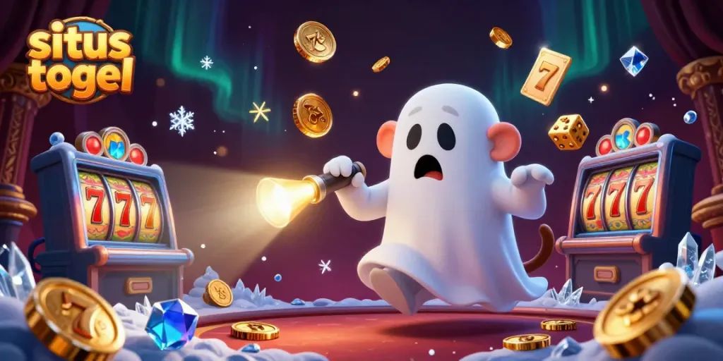 Engage with situs togel in a vibrant casino scene featuring a mischievous poltergeist monkey and a curious ghost-hunter puppy.