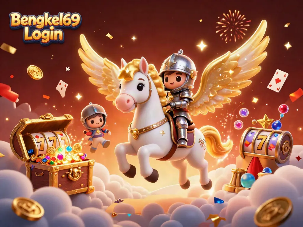 Experience the excitement of Bengkel69 Login with an enchanting 3D scene depicting a celestial horse and knight amidst dazzling casino elements.