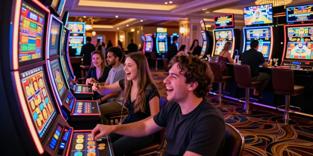 Vibrant casino scene with players celebrating a win on slot maxwin machines, illuminated atmosphere.