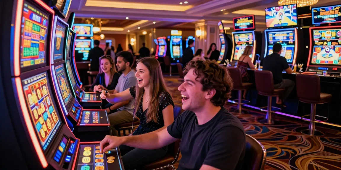 Vibrant casino scene with players celebrating a win on slot maxwin machines, illuminated atmosphere.
