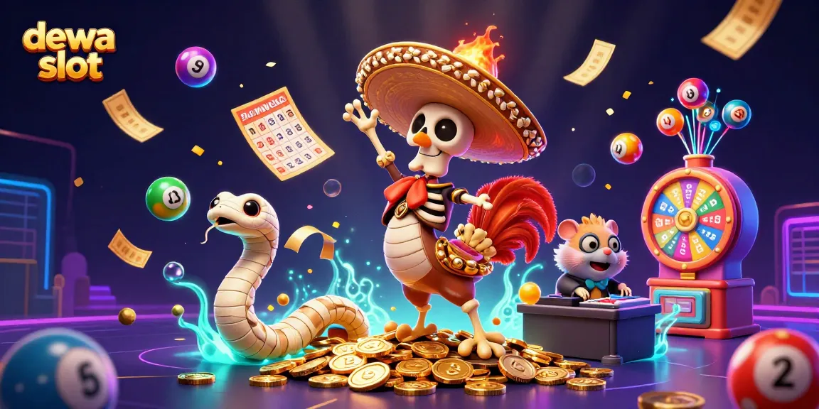 Experience the thrill of dewa slot as a vibrant 3D mariach skeleton dances on golden coins amidst colorful lottery elements and dynamic effects.