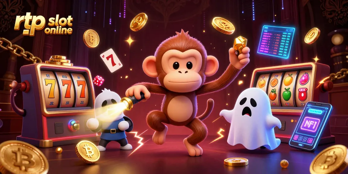 Engage with high RTP slot online action featuring a playful monkey and curious puppy amidst a chaotic gambling scene.