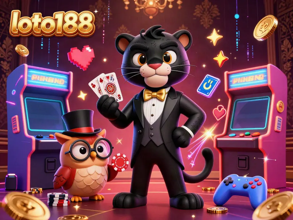 Loto188 engagingly presents a thrilling casino scene with a stylish black panther and friends showcasing card games.