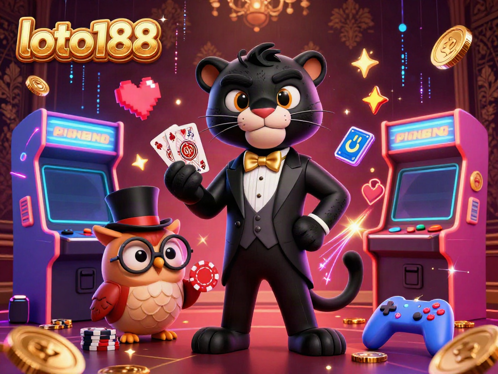Loto188 engagingly presents a thrilling casino scene with a stylish black panther and friends showcasing card games.