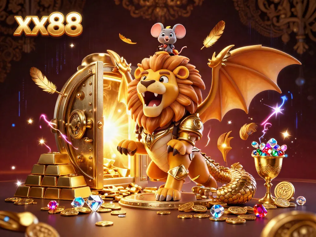 Experience the excitement of xx88 with a vibrant casino-themed illustration showcasing a chimera and treasures.