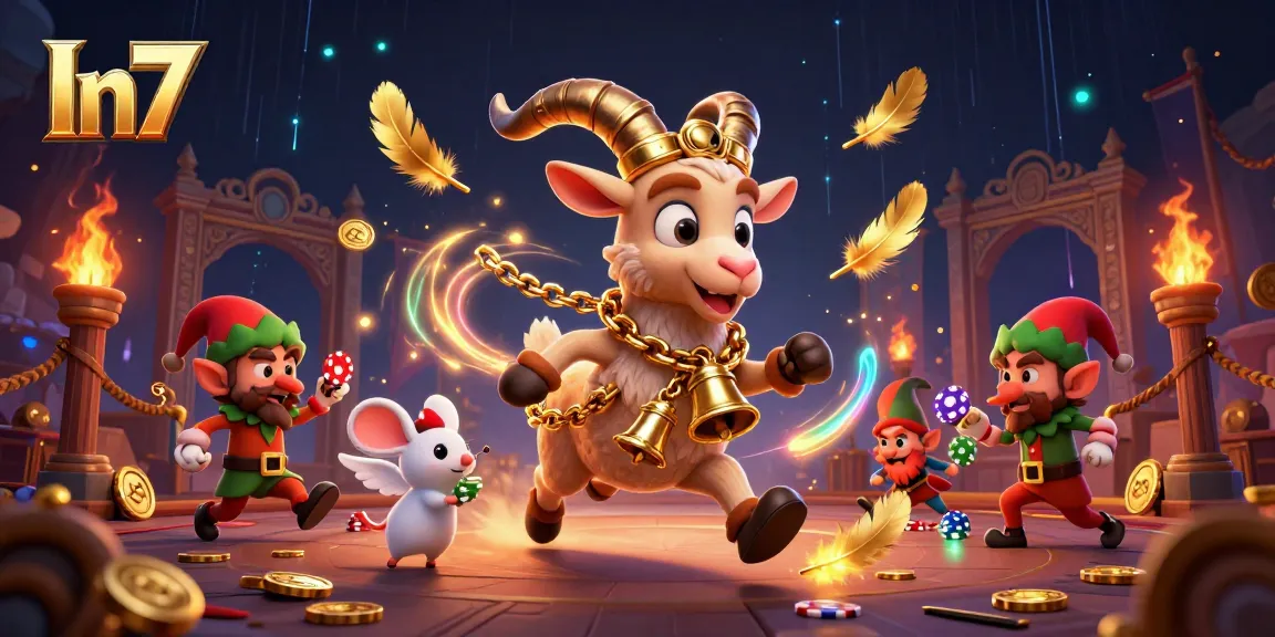 In7 engages players with a festive holiday-horror casino scene featuring a Krampus goat and mischievous elves.