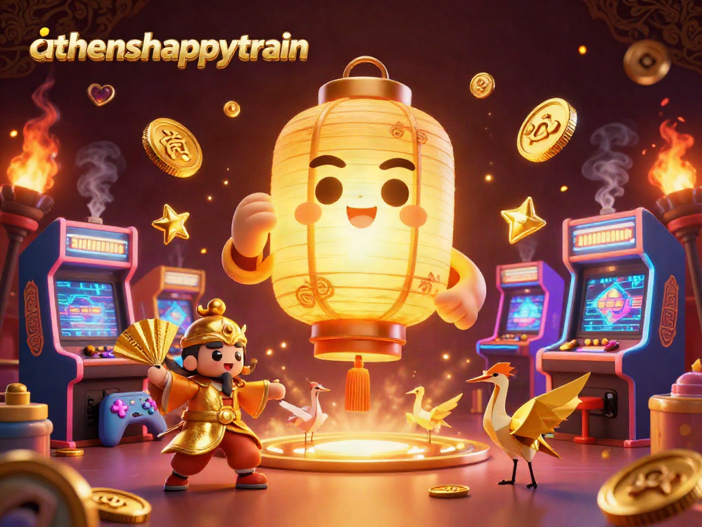 Experience vibrant casino action at athenshappytrain with golden lantern spirit, arcade games, and lucky symbols.