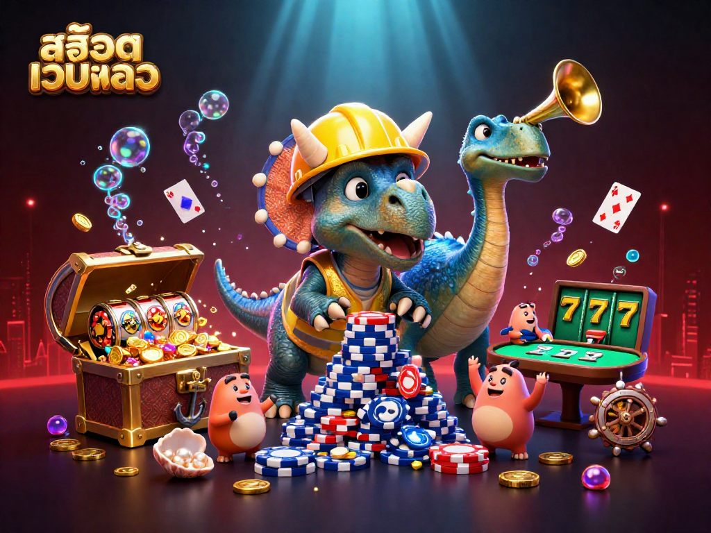 Celebrate winning with สล็อตเว็บตรง as a triceratops builds poker chips amid underwater treasures and vibrant casino elements.