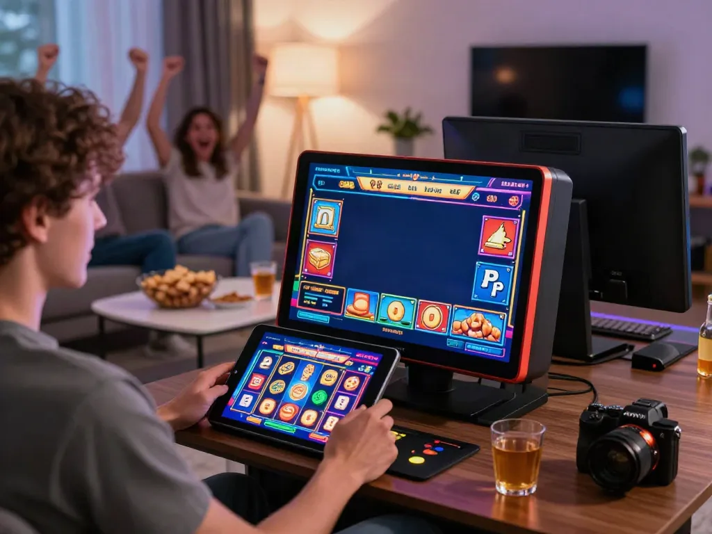 A person enjoying akunjp online gaming in a vibrant living room setting.