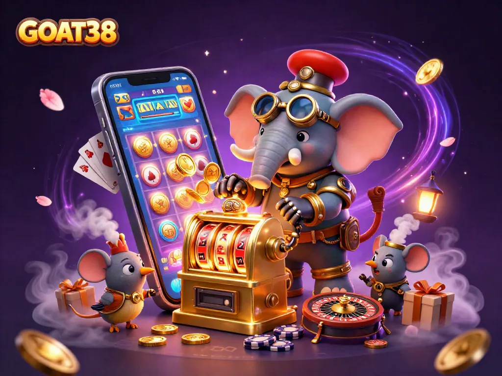 Experience excitement at GOAT38 with a vibrant steampunk elephant playing slots in a magical casino scene.