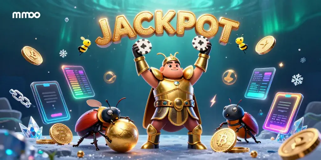 Experience a thrilling casino adventure with mmoo, featuring a heroic beetle and glowing crypto elements.