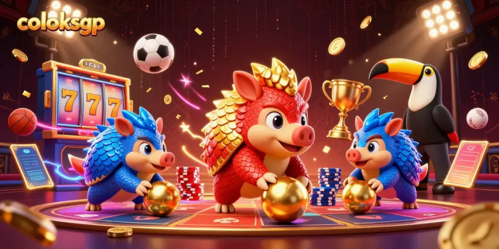 Visualisasi coloksgp dengan seekor pangolin merah dan biru melepaskan bola emas sambil bermain poker.