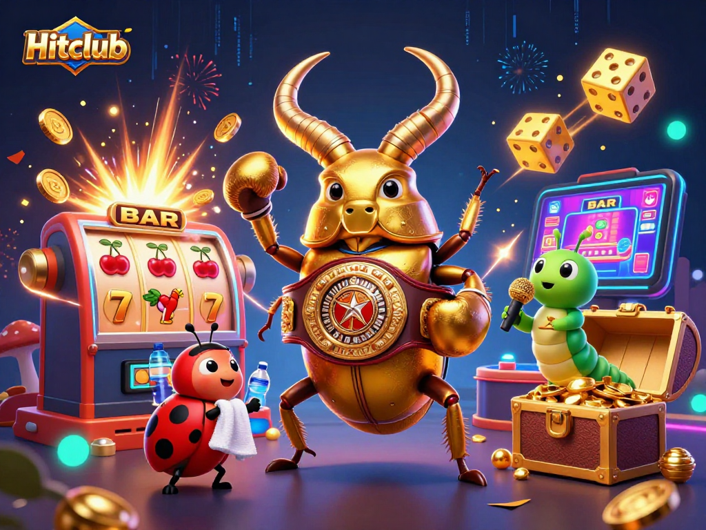 Experience Hitclub's vibrant gaming action with a golden stag beetle, slot machines, and thrilling casino elements.