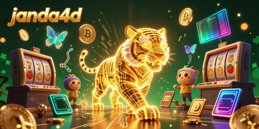 JANDA4D menampilkan simbol permainan slot, jackpot, dan karakter unik dalam ilustrasi kasino digital yang cerah.