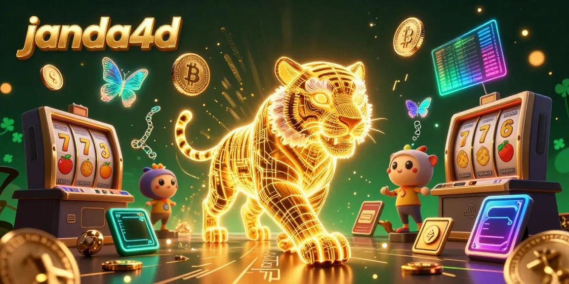 JANDA4D menampilkan simbol permainan slot, jackpot, dan karakter unik dalam ilustrasi kasino digital yang cerah.