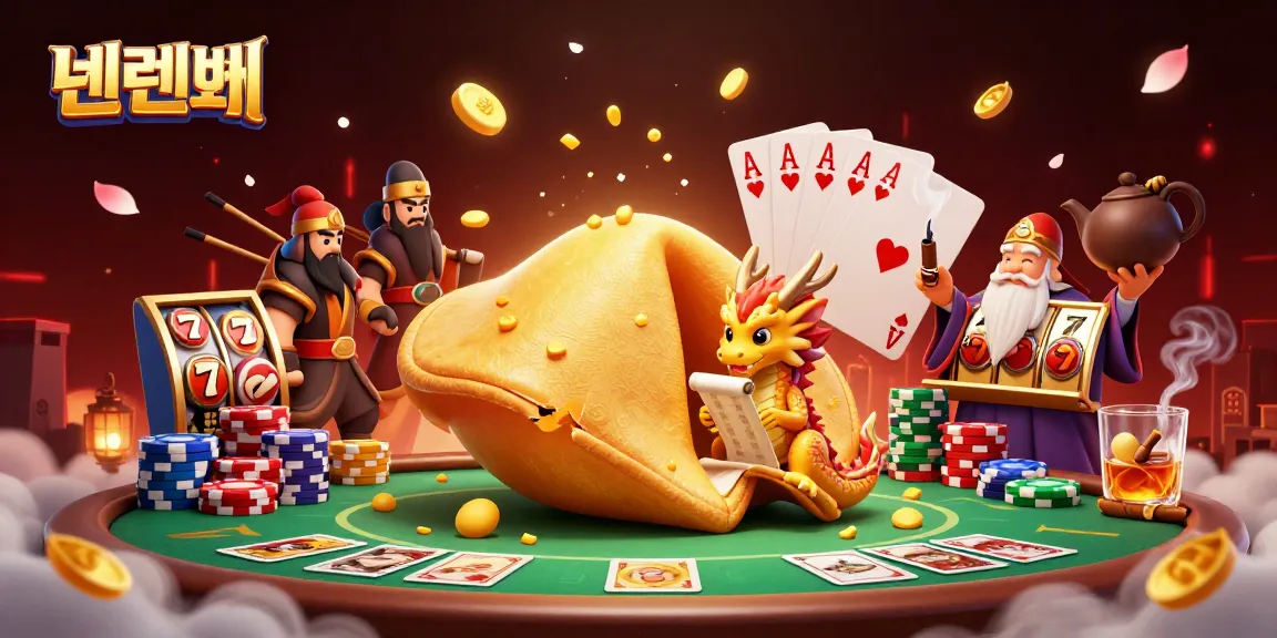 Experience gaming at 텐텐벳 with a vibrant scene of fortune cookies and poker action.