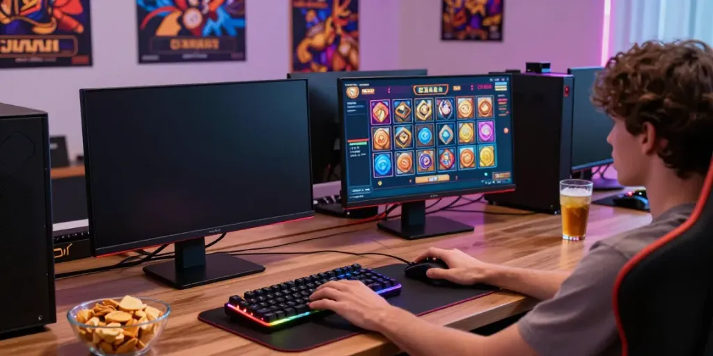 Player engaged in judi slot gaming on a high-resolution monitor with vibrant LED lighting.
